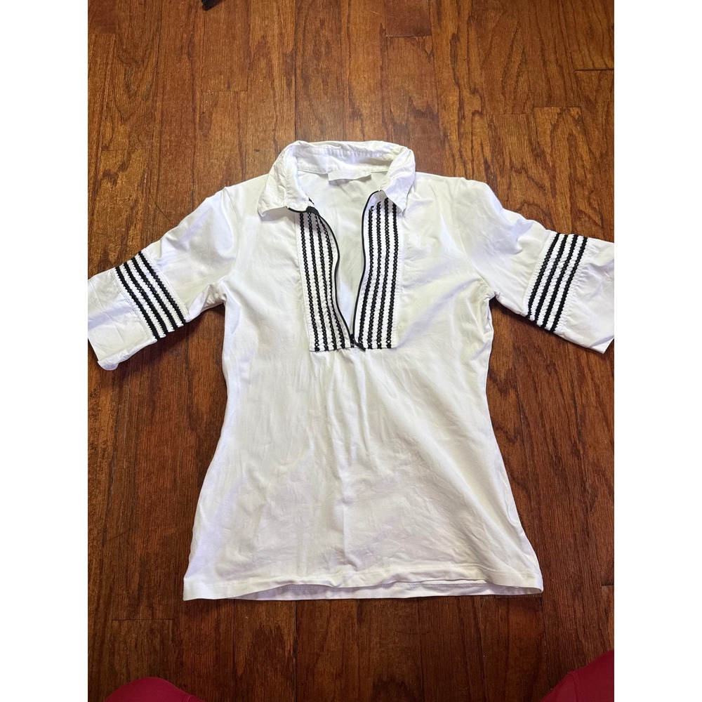 Anne Fontaine Patrica White Black Embroidered Stripe V-Neck Top Cotton‎ Blend 40